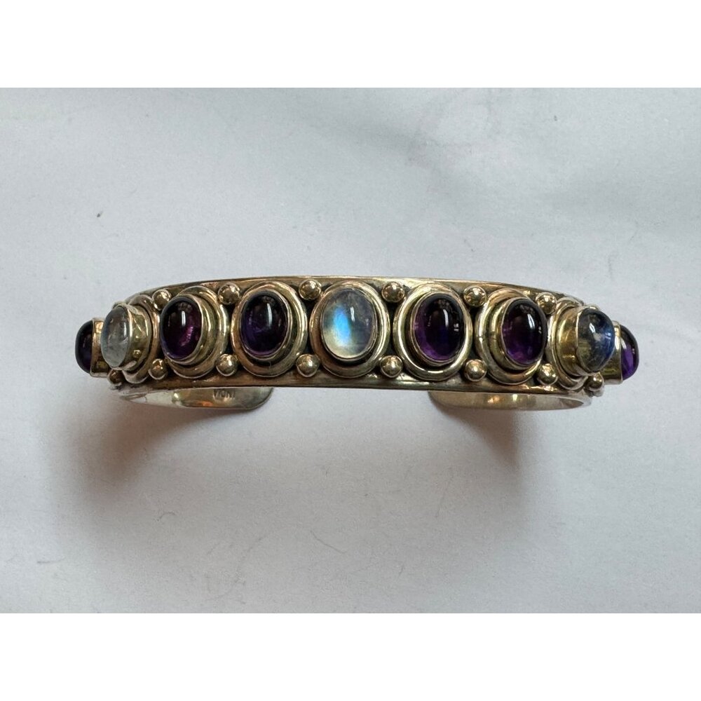 Size 6 NB 925 Sterling Silver Bangle Bracelet w/ Multiple Gemstones 12.7mm Width